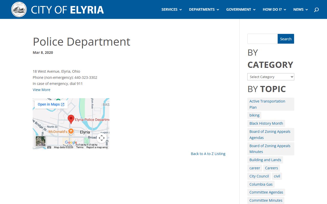 Elyria Police Department page for arrest records