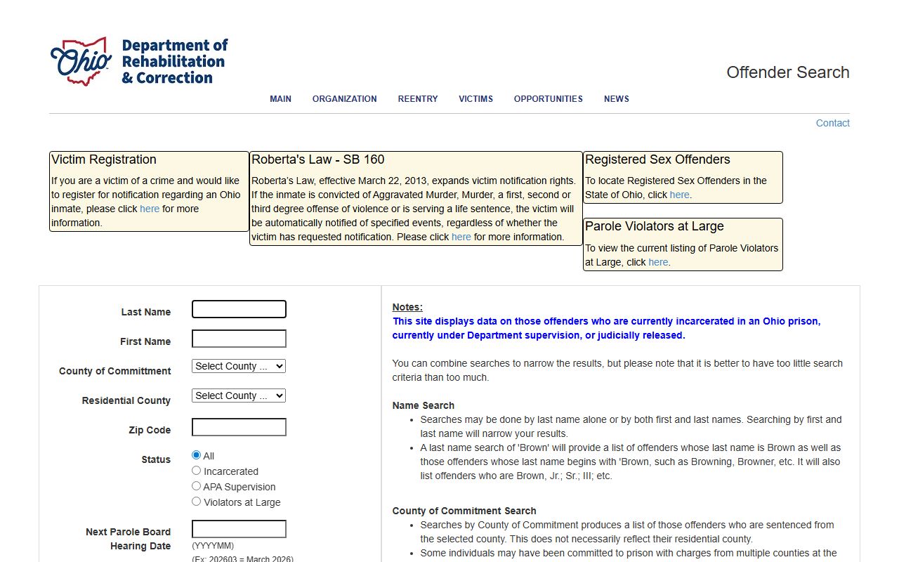 ODRC Offender Search portal for Ohio jail roster