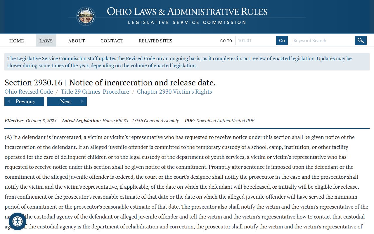 Ohio Revised Code 2930.16 victim rights for jail roster